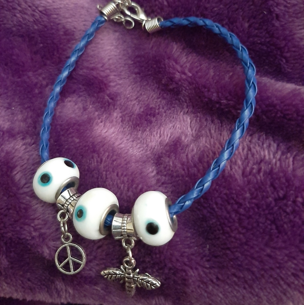 Blue twisted leather bracelet or anklet adjustable